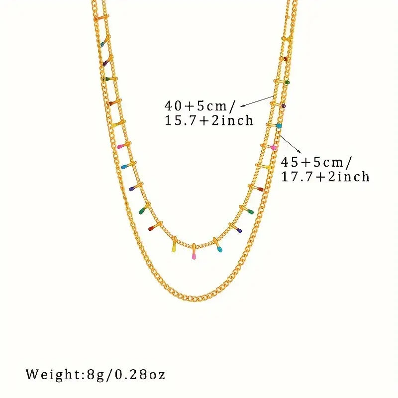 Collier Chic en Acier Inoxydable à Double Couche avec Pendentifs Colorés