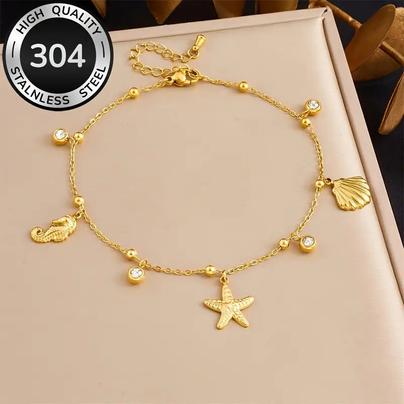 Chevillère Pendentif Étoile de Mer et Hippocampe en Acier Inoxydable 304 Doré