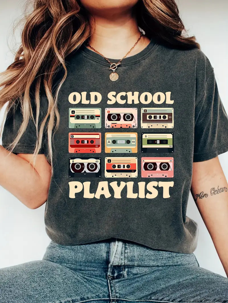 T-shirt rétro avec cassette, « playlist vintage »