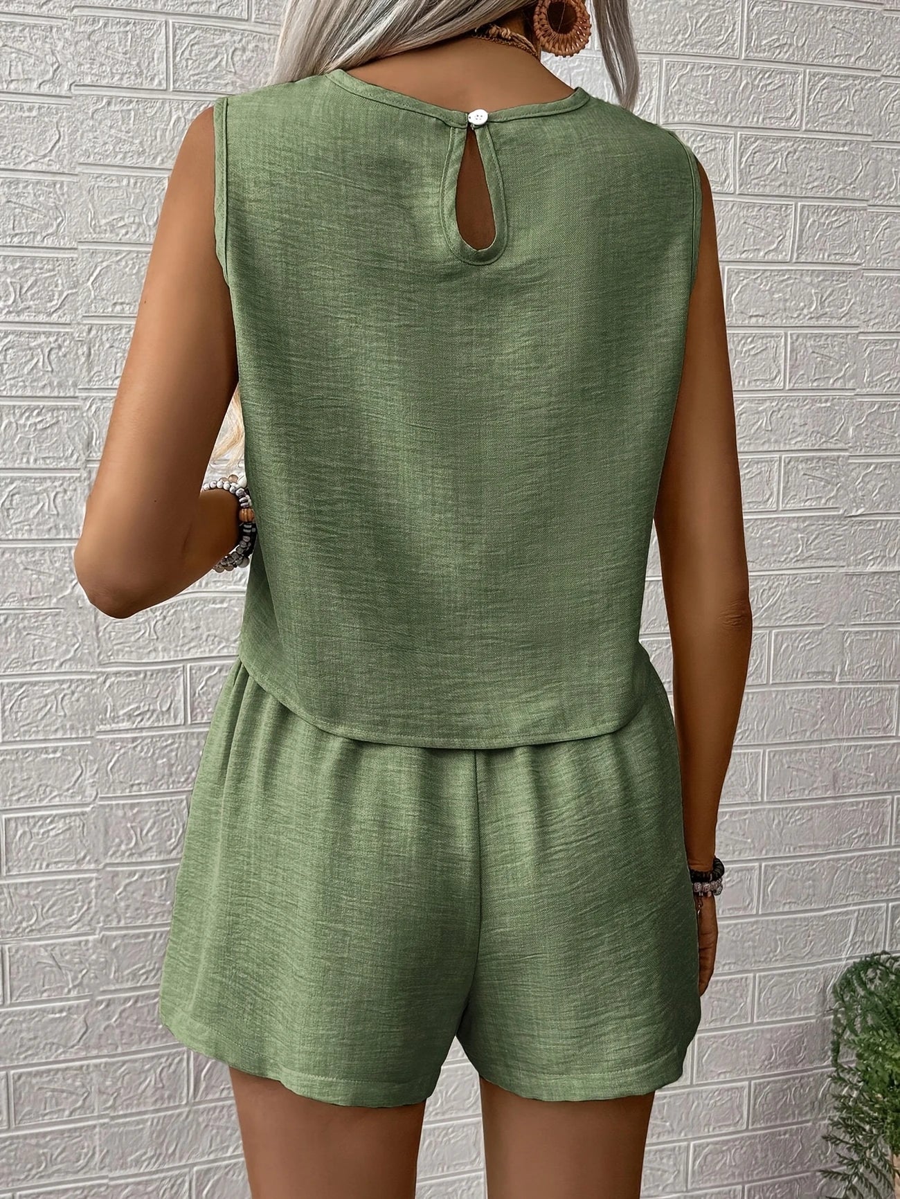 Ensemble Top et Short couleur unie Vert et Beige