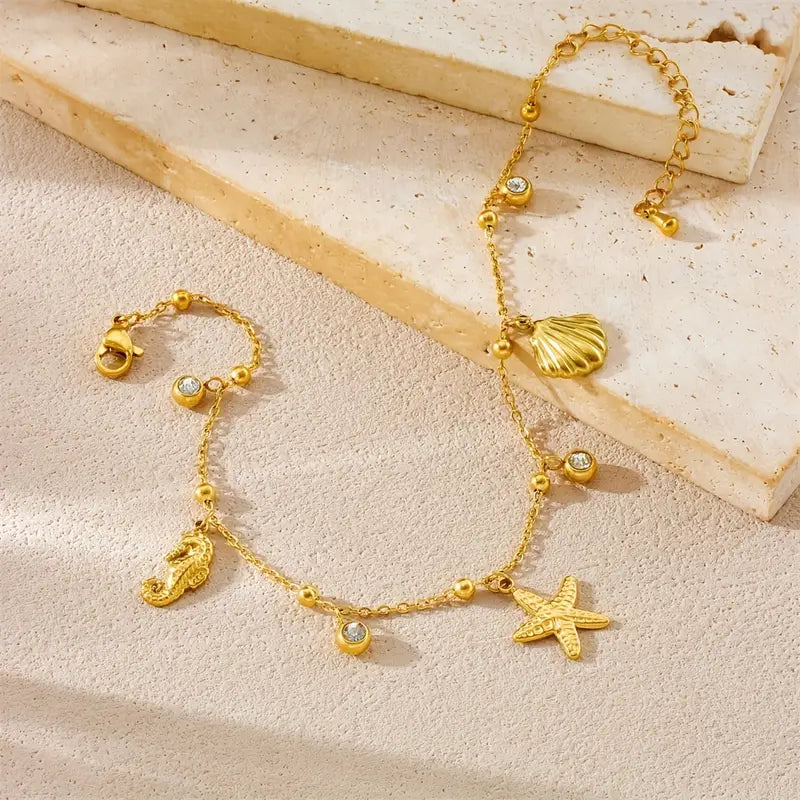 Chevillère Pendentif Étoile de Mer et Hippocampe en Acier Inoxydable 304 Doré