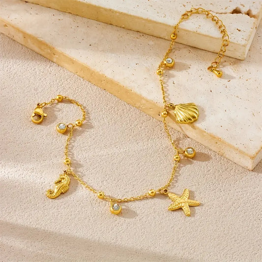 Chevillère Pendentif Étoile de Mer et Hippocampe en Acier Inoxydable 304 Doré