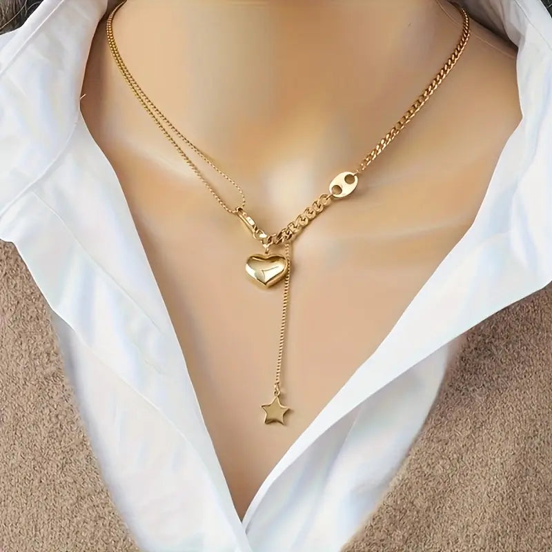 Collier Pendentif en Acier Inoxydable 304L - Cœurs Entrelacés avec Charm Étoile à Cinq Branches