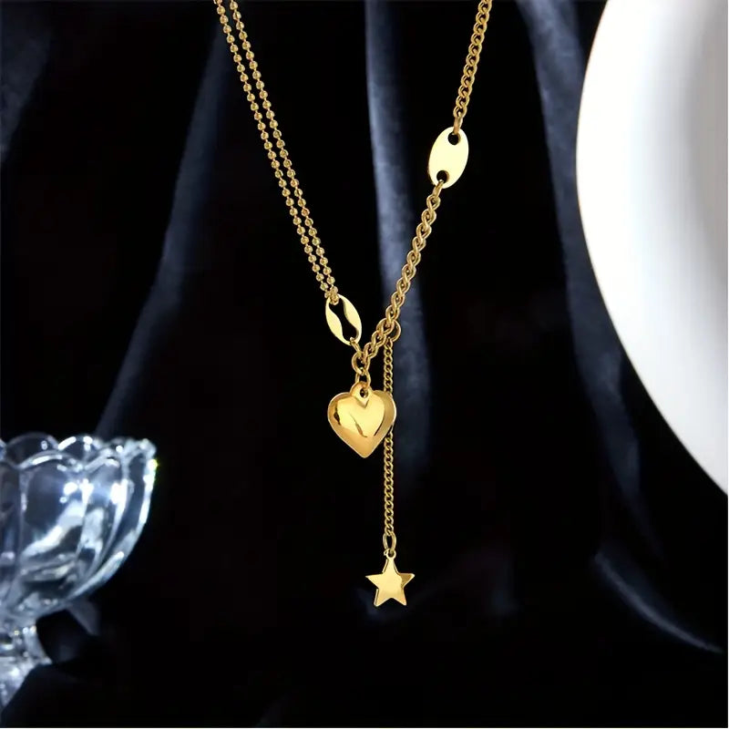 Collier Pendentif en Acier Inoxydable 304L - Cœurs Entrelacés avec Charm Étoile à Cinq Branches