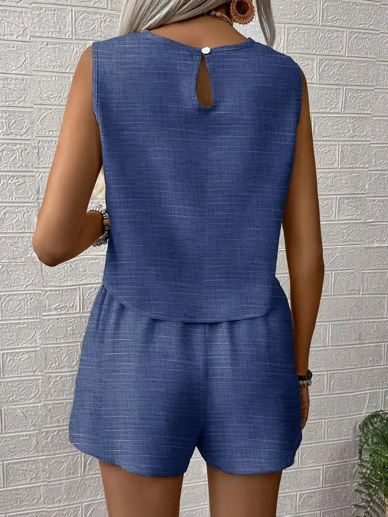 Ensemble Décontracté d'Été pour Femme avec Gilet Sans Manches et Shorts Bleu rayé